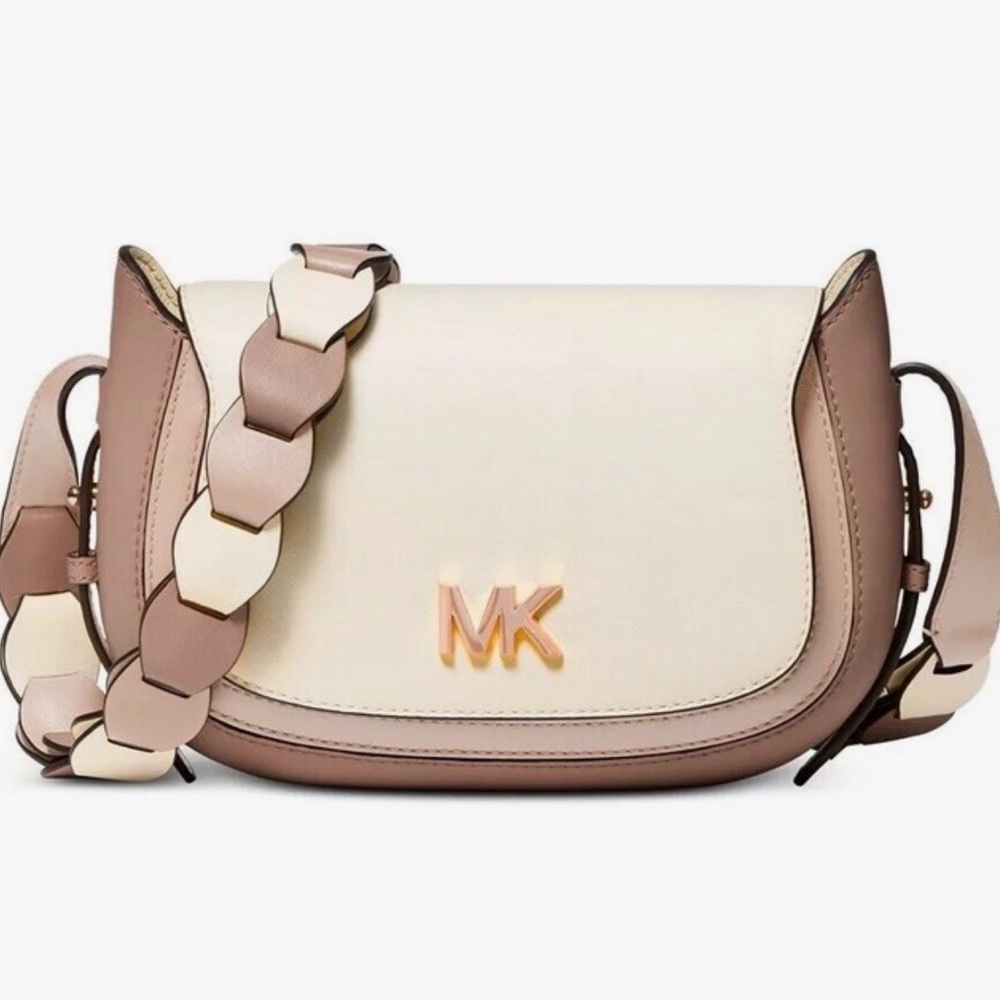 Michael Kors Jolene Cream and Blush Leather Saddle Crossbody with Braided Strap